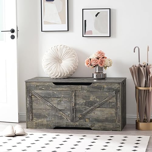 Miniatura 3 de HOOBRO Banco de almacenamiento, baúl de almacenamiento de madera retro de 39.4 pulgadas con tirador recortado en forma de U, bisagra de seguridad,