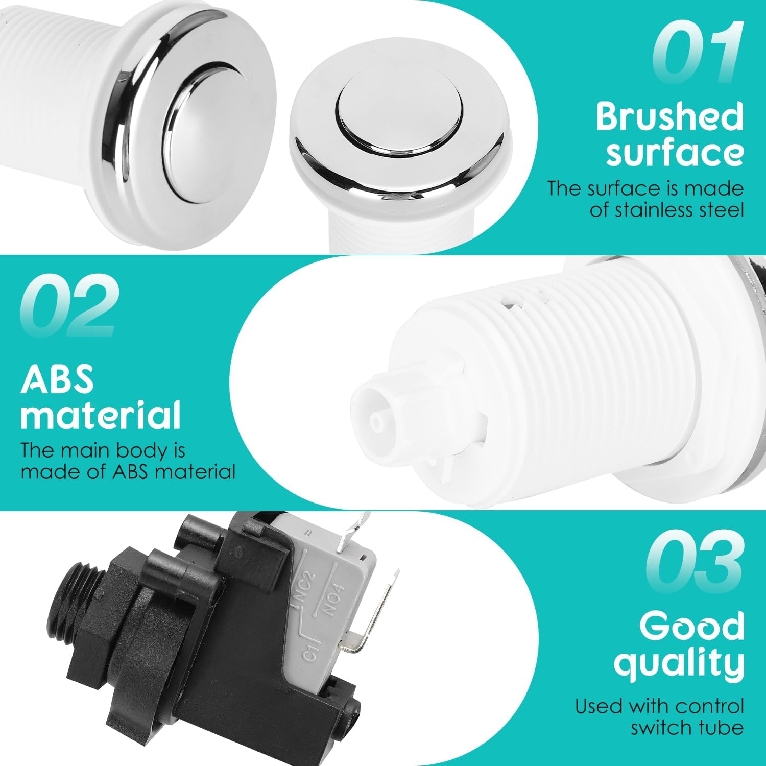 Interruttore Pneumatico per Bagno, Kit Interruttore a Bottone in Acciaio Inossidabile con Tubo 1m per Vasche Idromassaggio e Attrezzature Sanitarie, Facile da Installare e Pulire | Interruttore per vasca da bagno, 250 V, con tubo da 1 m, per lo smaltiment