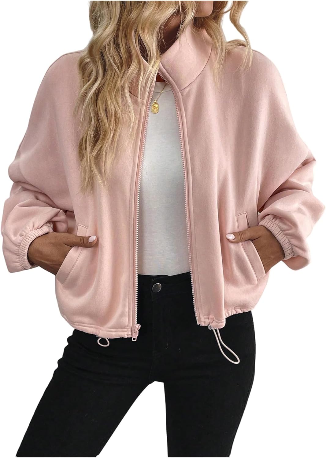 Verdusa Women's Cropped Mock Neck Sweatshirt Zip Up Drawstring Drop Shoulder Jacket - Image 6