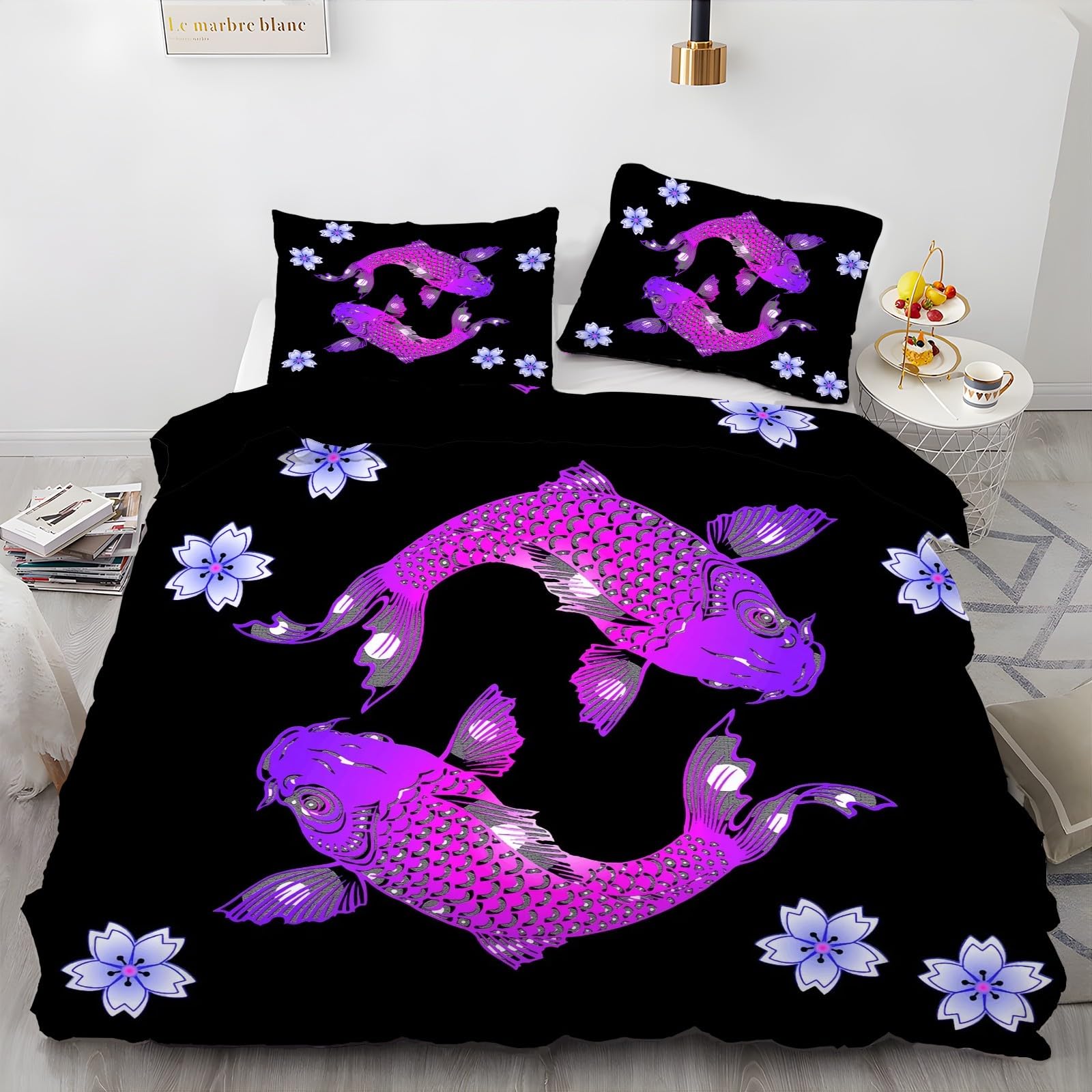 Housse de couette 200x200 fleuron pour des nuits sereines au motif carpe asiatique