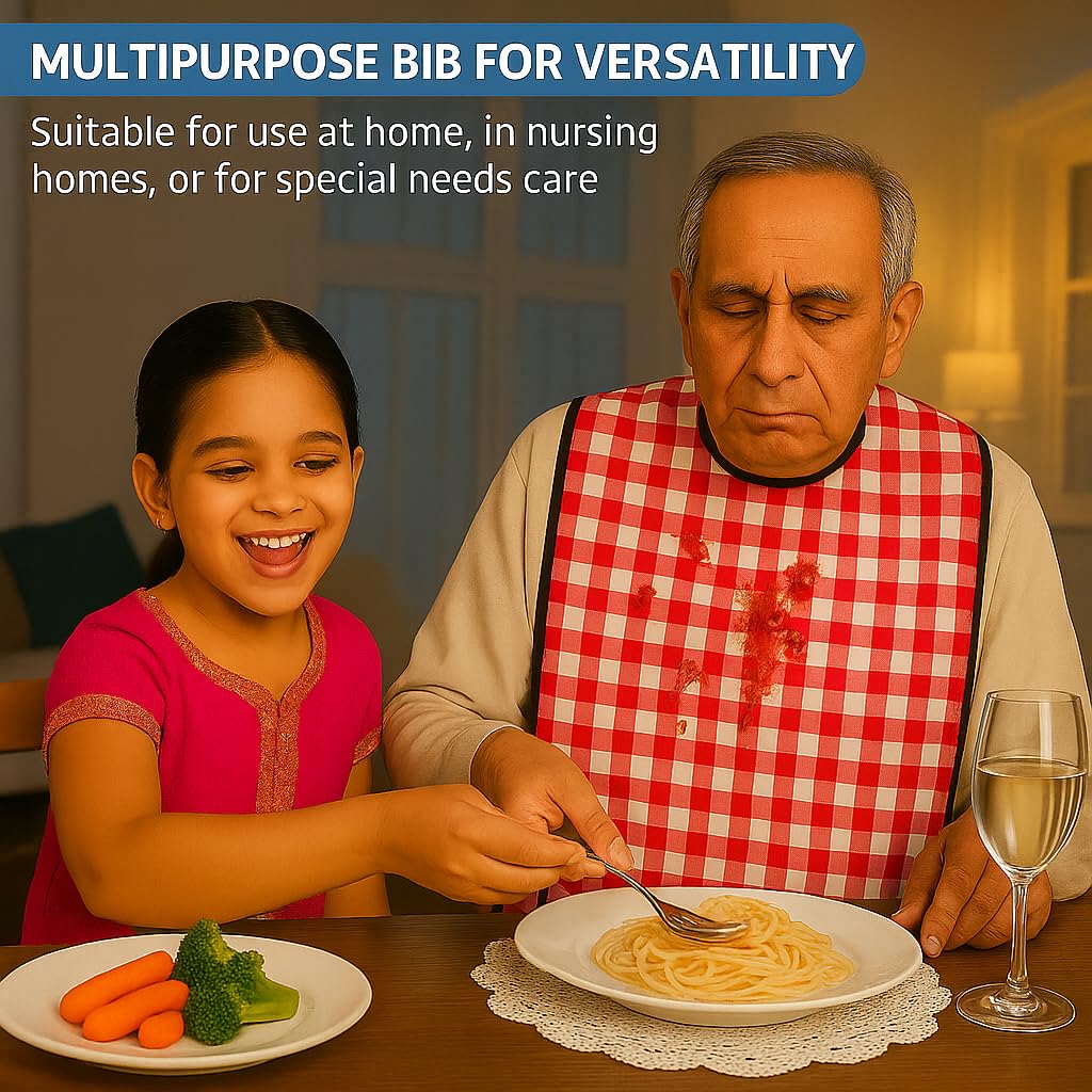 MAKSTILE Adult Bib| Extra-Long Adult Dining Bib for Elderly–2-Layer Absorbent Cotton & Waterproof Backing, Washable Reusable Clothing Protector for Senior Citizens, Disabled & Bedridden - Red - Image 4 thumbnail