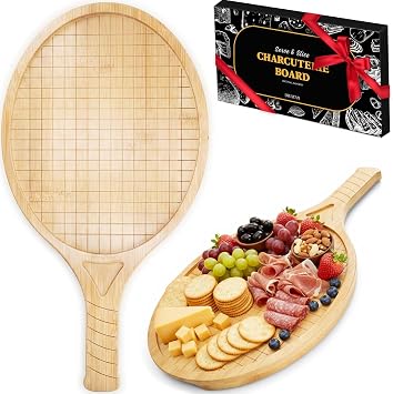 Tennis Racket Charcuterie Board, 16.5-Inch Bamboo Serving Board | With Handle, Tennis Gifts for Women and Men, Birthday Gift, Snack Tray for Parties and Kitchen Decor
