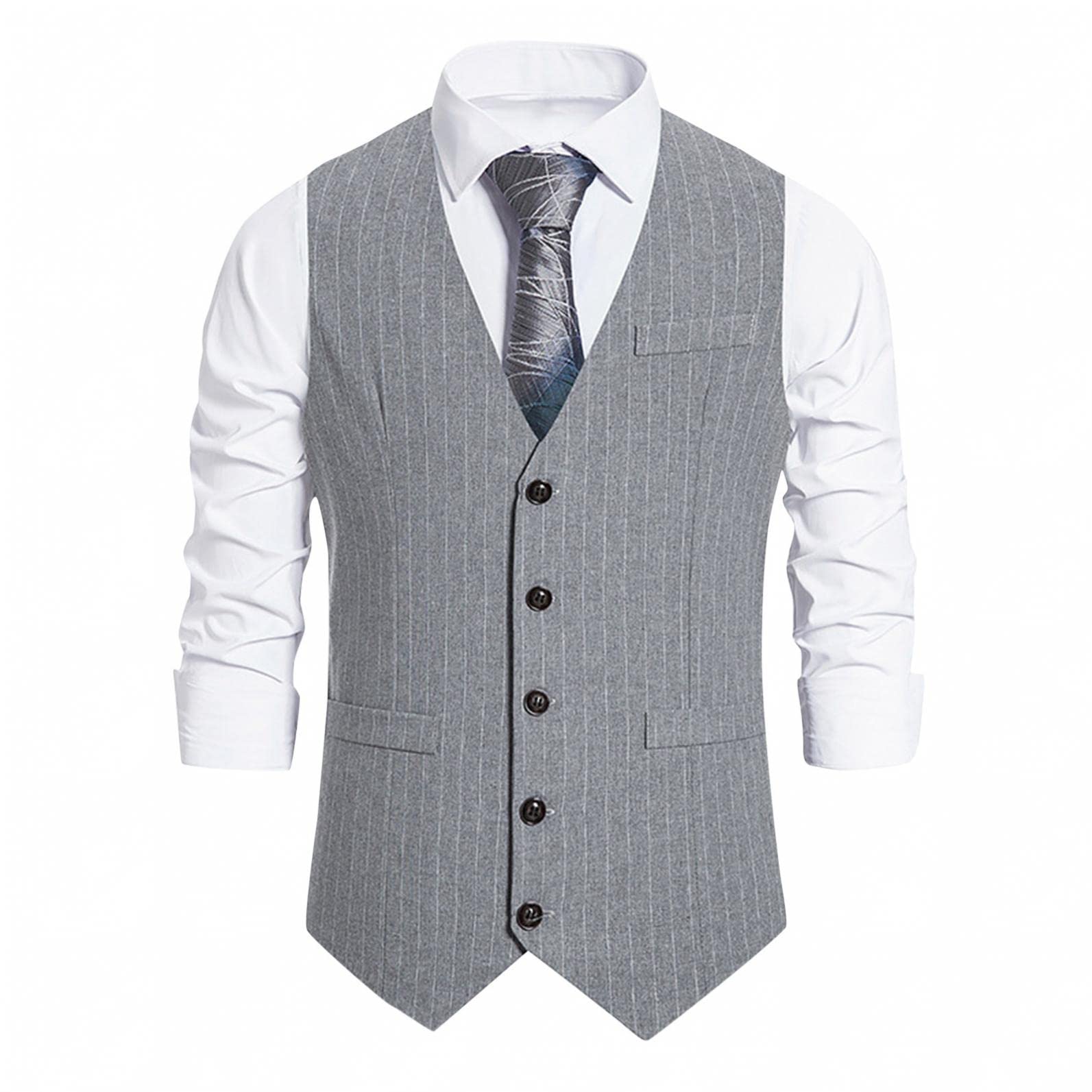 Regular Fit Dress Vest for Men Retro Striped Business Suit Vest Casual Single Breasted Waistcoat Wedding Groomsmen(Gray,XL)-image-3