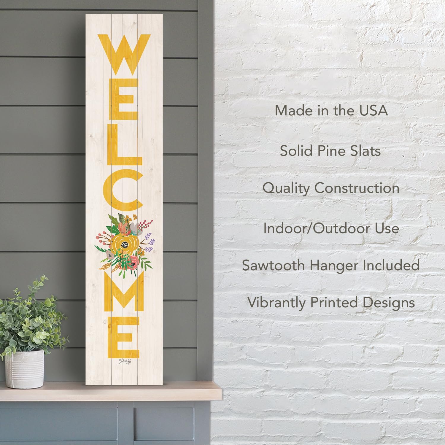 CounterArt Floral Welcome Decorative Vertical Porch or Entryway Sign 36" by 7.5" Made in the USA of Pallet Wood Stylish & Welcoming