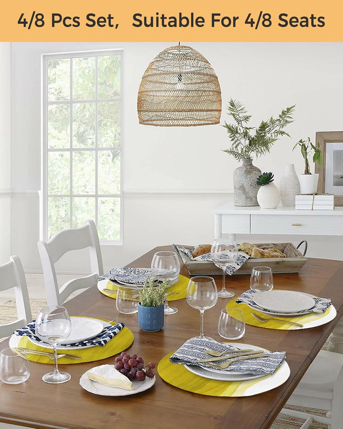Round Placemats Set of 4 Ombre Yellow Place Mats Washable Woven Placemat Yellow and White Circle Braided Heat Resistant Table Mat for Kitchen Dining Table Party Home Decor 15 Inch