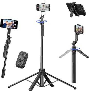 Auto Face Tracking Tripod for iPhone with Light, No APP Needed 63" Tripod | iPhone Stand for Video Recording, Selfie Stick Tripod Follows Your Movement with Remote for Content Creator Vlog Live