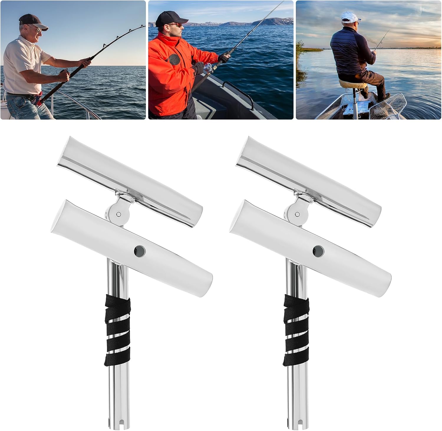 2pcs Double Head Fishing Rod Holders 304 Stainless Steel Adjustable Angle Dual Rod Holder with Nylon Straps for Boat Yacht Rail Mount Fishing Enthusiasts