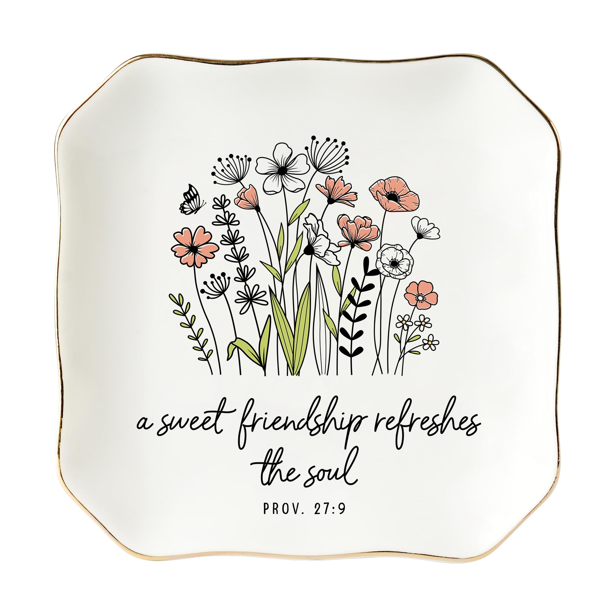 HEXMOZ Friendship Gifts for Women, Best Friend - Friend Birthday Ideas Gift, Soul Sister Gift for Women Christian - Sweet Friendship 4.5"X4.5" Floral Ceramic Jewelry Dish Tray - Tricket Dish