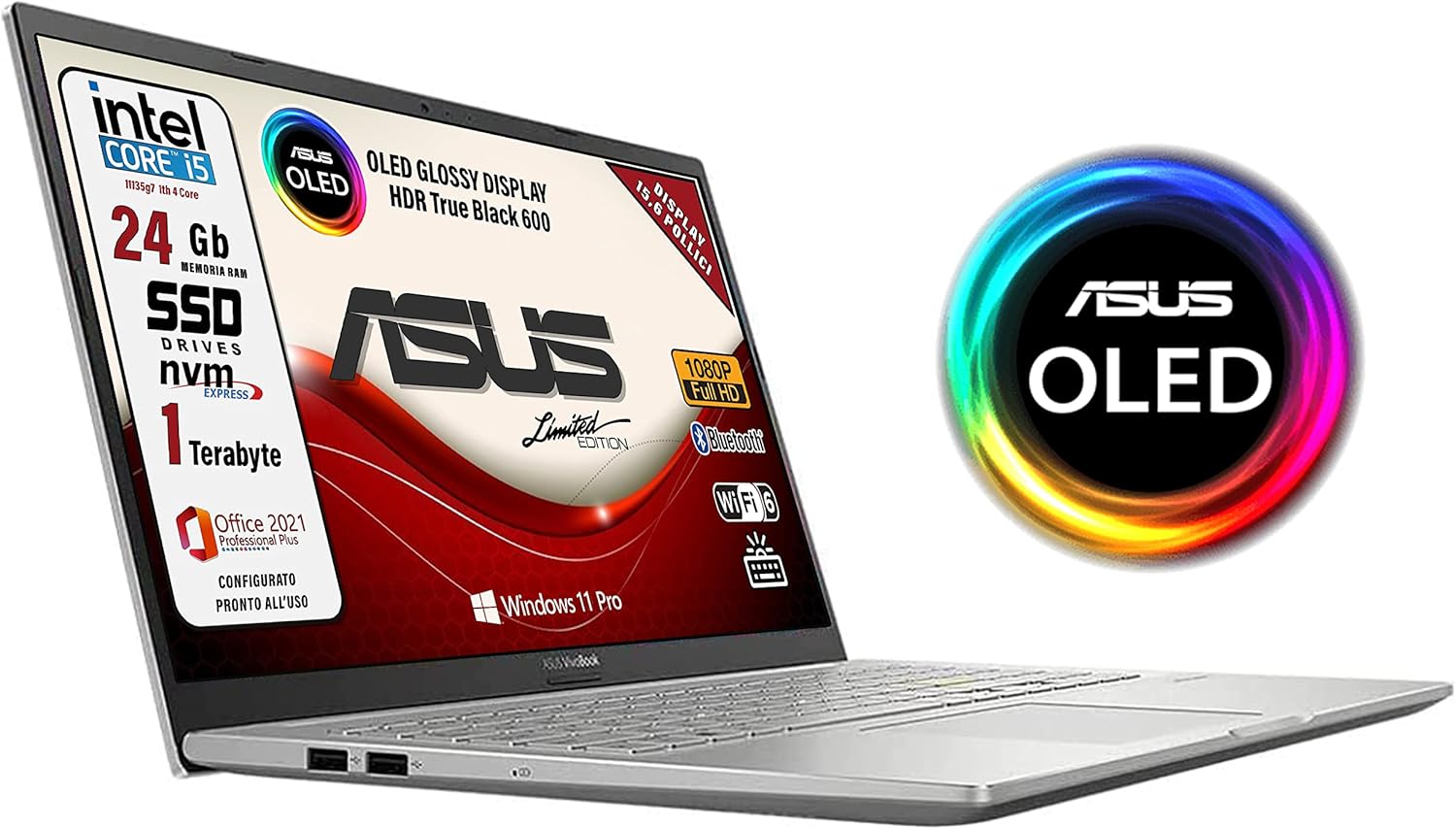 ASUS Vivobook, Notebook, Intel Core I5 11 th, 4 Core, RAM 24Gb, Display 15,6 OLED FHD Glossy, SSD 1 Tb PCIE, Windows 11 Pro, Office, tastiera retroilluminata italiana, fingerprint, pronto alluso ASUS Vivobook, Notebook, Intel Core I5 11 th, 4 Core, RAM 24Gb, Display 15,6 OLED FHD Glossy, SSD 1 Tb PCIE, Windows 11 Pro, Office, tastiera retroilluminata italiana, fingerprint, pronto alluso