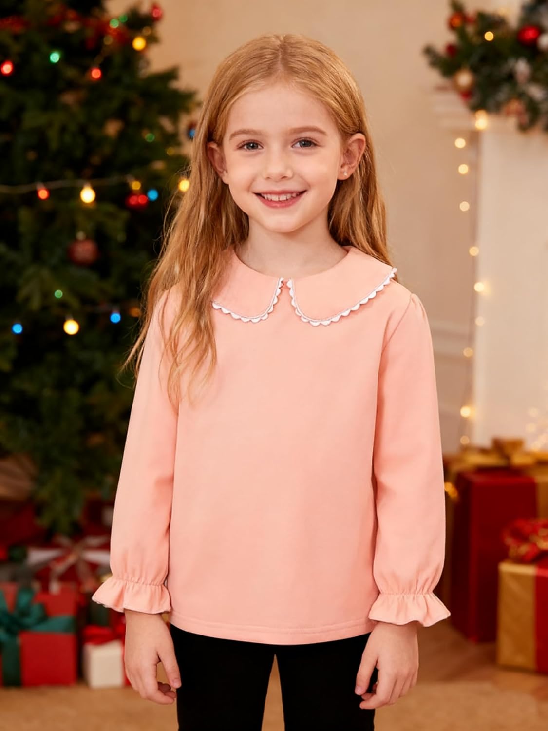 1-12Y Baby Ruffle Blouse Toddler Girl Peter Pan Lace Collar T-Shirts Kids Solid Color Long Sleeve Tee Casual Top - Image 2