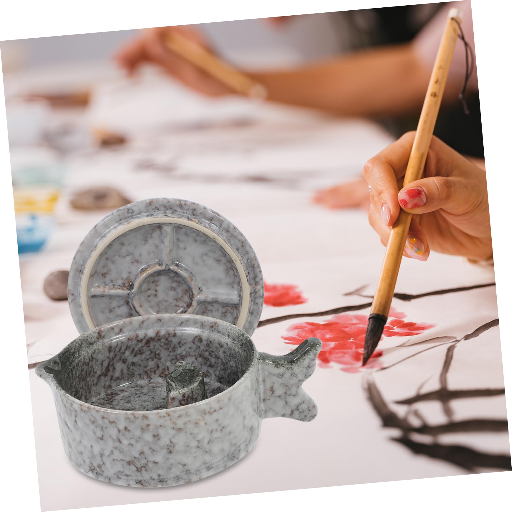 STOBOK Chinesische Malerei Tusche Teich aus Keramik mit Deckel Praktisches Kalligrafie Tintenfass mit Stifthalter und Griff Kreatives Design für Traditionelle Tuschemalerei