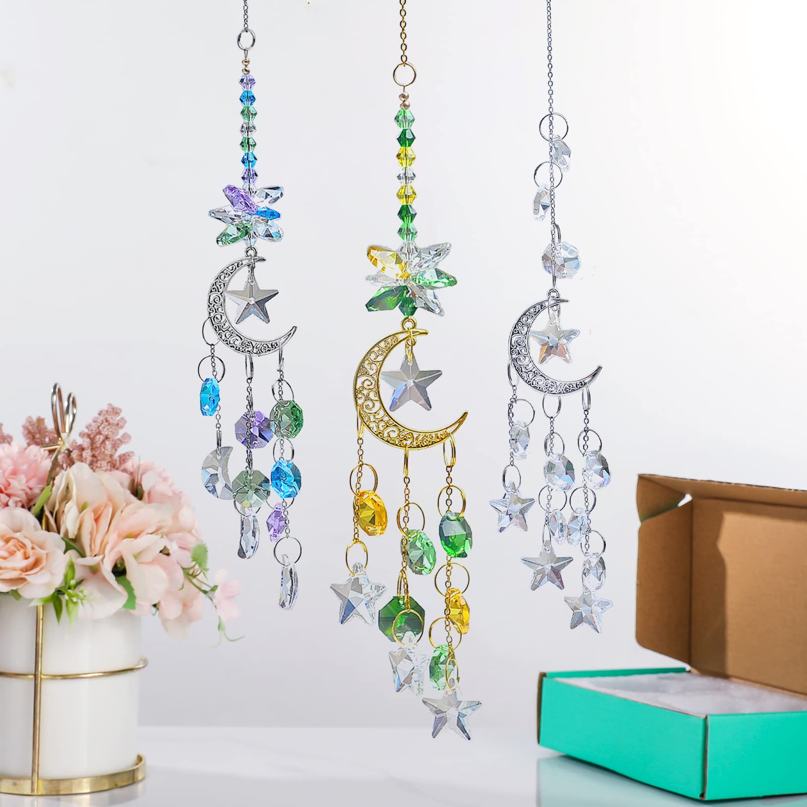 K9 Attrape-soleil En Cristal Arc-en-ciel Avec Chaîne Pendentif Lune Et Boule AB Couleur AB Pour Décoration De Maison, Fenêtre, Jardin, Voiture, Lot De 4