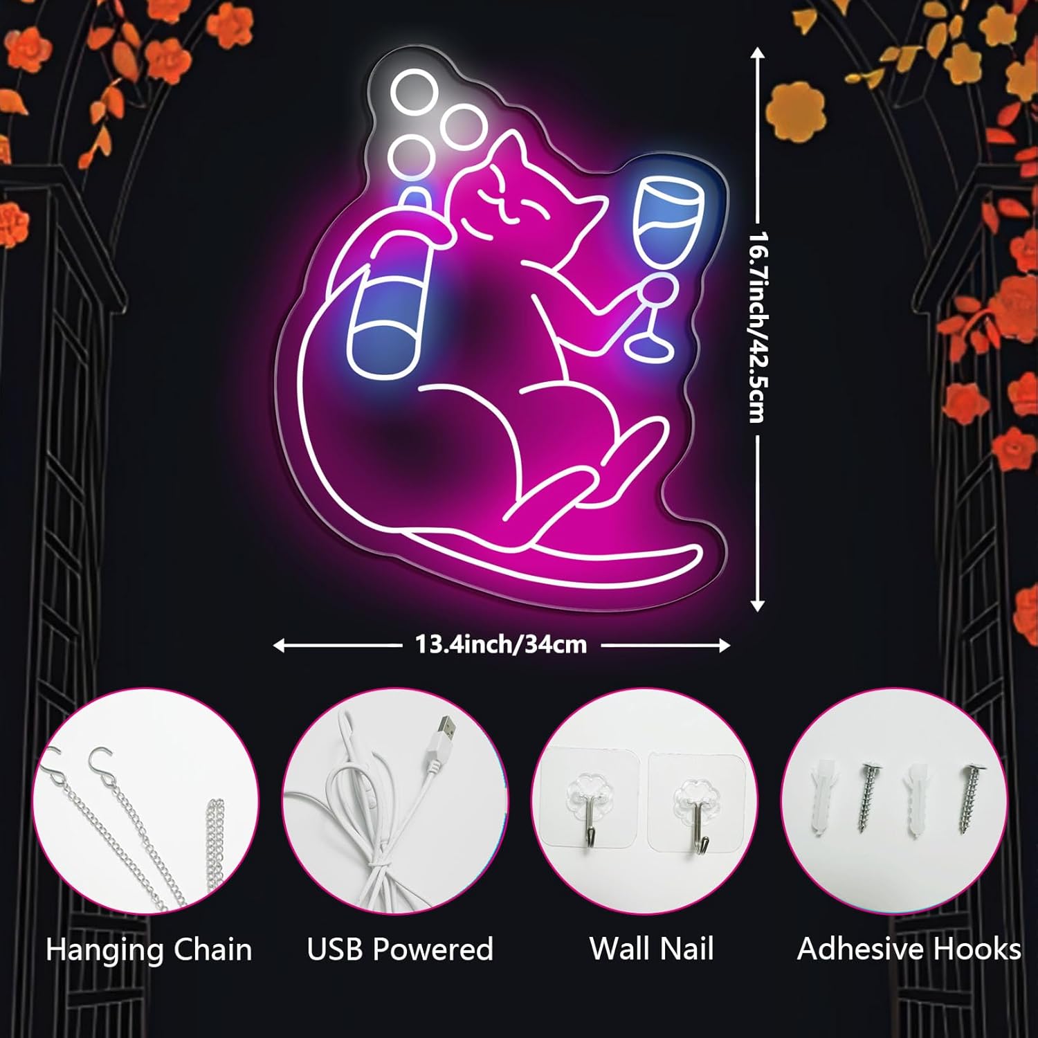 Cat Beer Neon Sign for Wall Decor Funny Bar Neon Sign for Home Bar Game Room Man Cave Decor Cat Light Neon Beer Led Sign Pink Neon Light Up Signs for Bedroom Home Party(16.7in*13.4in)