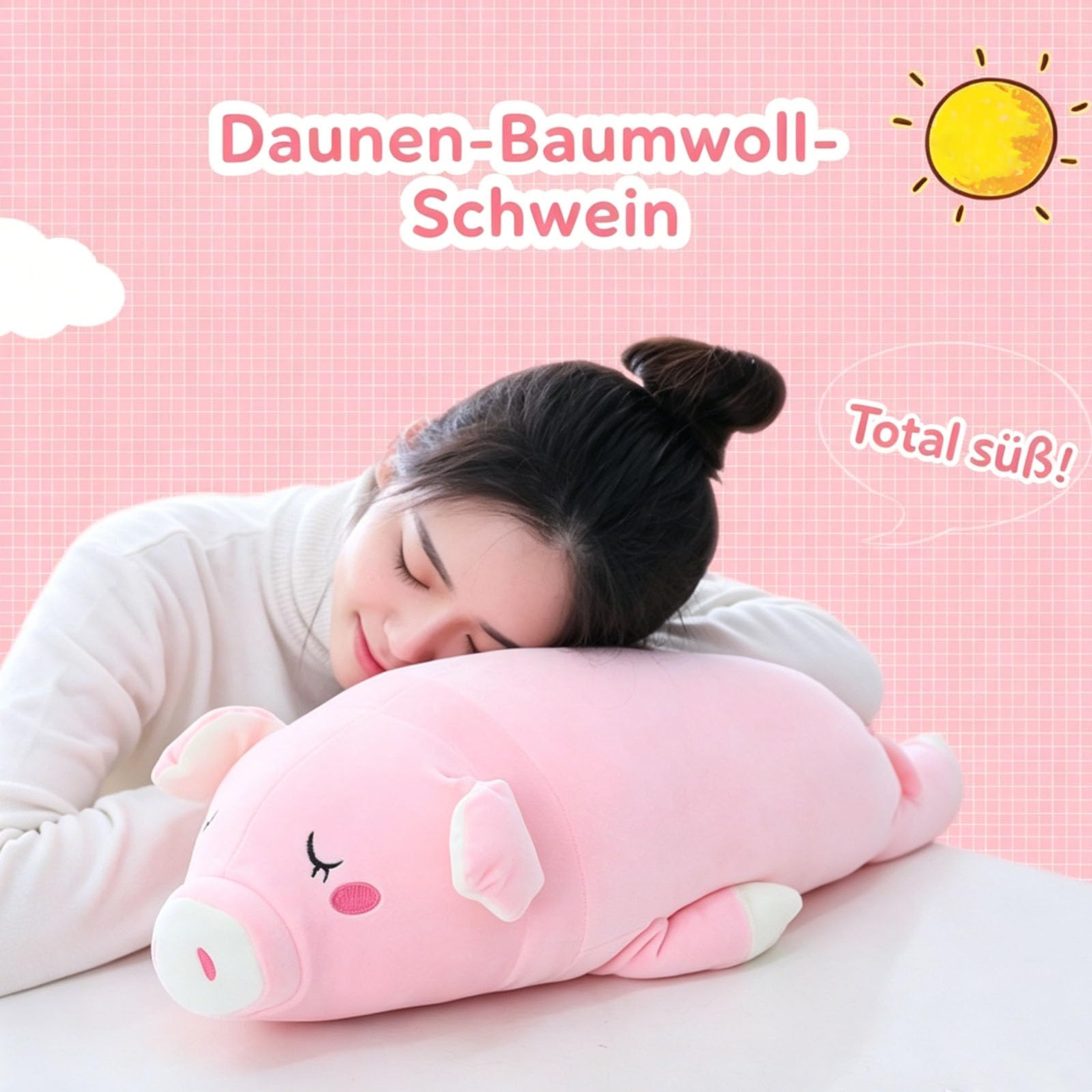 Süßes Rosa Schwein Plüschkissen, kuscheliges Stofftier in verschiedenen Größen, multifunktionales Sofa und Bett Kissen, dekoratives Geschenk für Kinder und Erwachsene (Weiß,90cm)