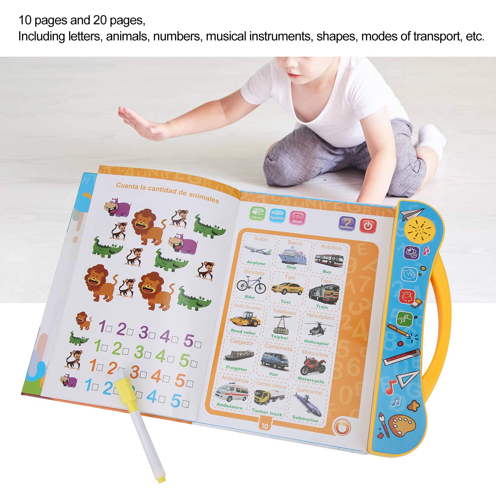 Generic Audible Livre électronique d'apprentissage de L'anglais et de L'espagnol pour Enfants, Jouets D'étude Cognitive Interactifs pour 3 Ans et Plus, Matière Plastique Jaune (Yellow