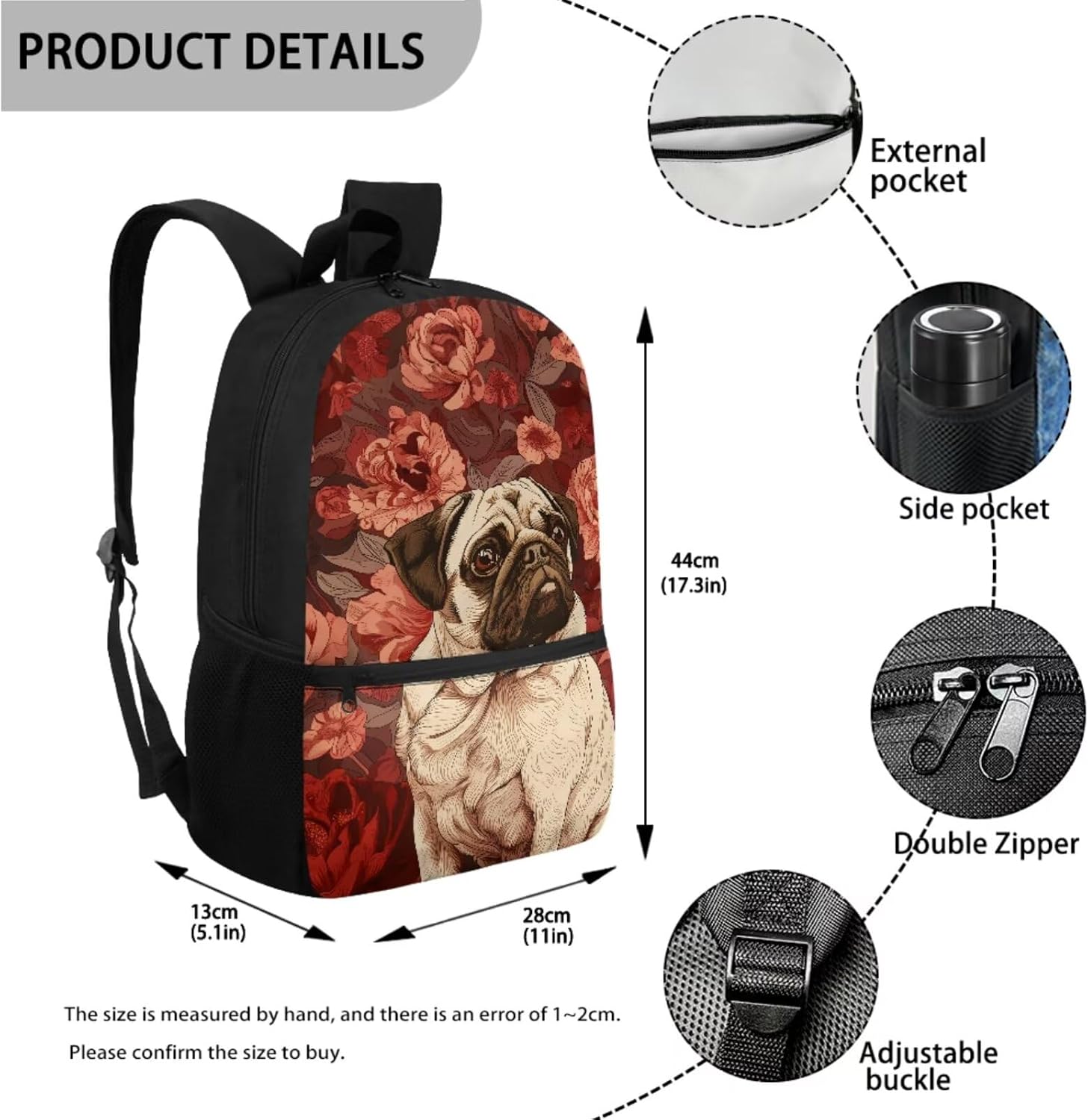 Pug Dog Flower Print School Bag and Lunch Box Set Kids Backpack Purse for Middle School Bookbag with Pencil Case Schoolbags Rucksack for Teens Child Back to School, Set of 3