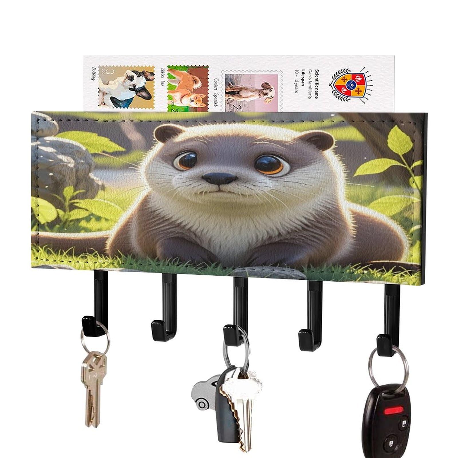 FekiLoot Cartoon Cute Otter Key Holder Wall Mount Key and Mail Holder Key Hanger with 5 Hooks Decorative PU Key Rack Hanging Key Hooks for Wall Living Room Kitchen Bathroom Hallway Black-Style