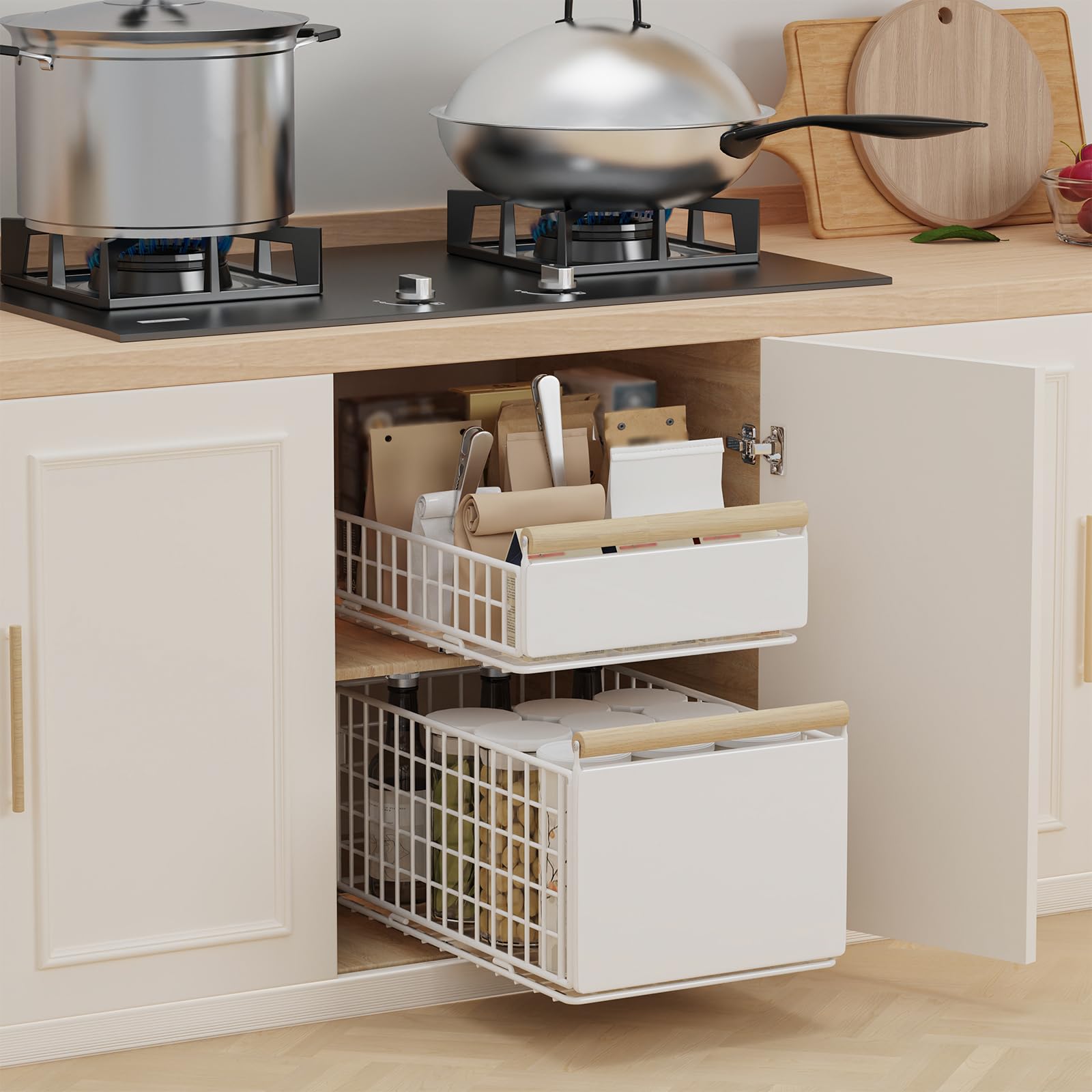 2 Pièce Tiroir Rangement Cuisine Placard, 39.5×23.5×19.5cm, Blanc | Panier Coulissant Adhesif,Organiseurs d'Armoires,Organisation de Placards, Facilité D'Installation,Schubladen Organizer