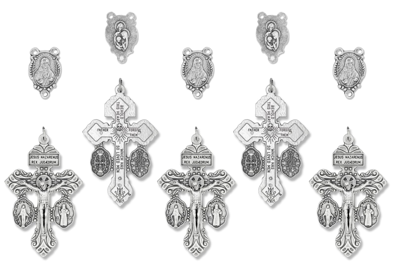 Italian Rosary Making Kit for 5 Rosaries - Cross and Center Sets with 2” Pardon Crucifix with Sacramental Medals (Miraculous Medal and St Benedict Medal) and 1” Holy Family Rosary Center