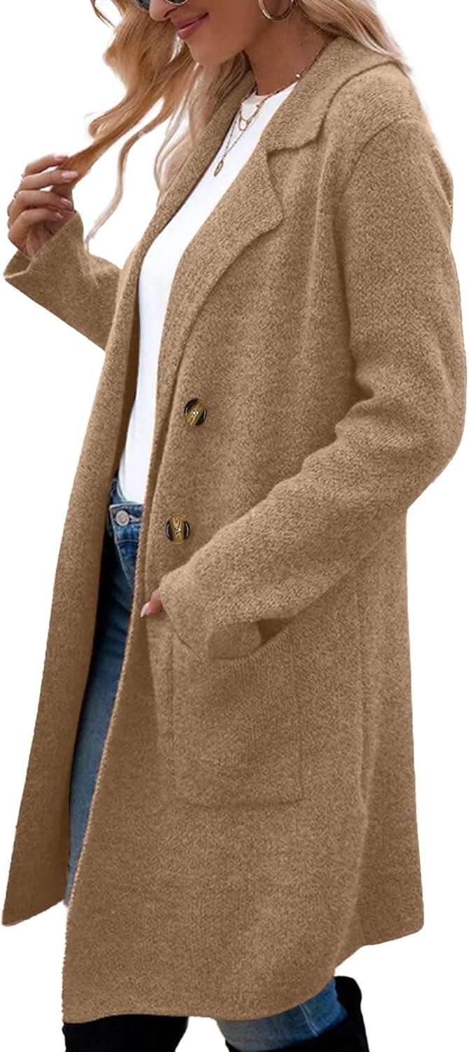 Sexyshine Women's Fall Long Cardigan Sweater Notch Lapel Long Sleeve Double Breasted Knit Jacket Coat with Pockets - Image 2