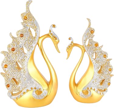 Tyenaza 2pcs Swan Figurine, Resin Swan Statues Couple Home Decoration, Couple Swan Ornaments for Living Room, Coffee Table, Book Shelf Decor Gold
