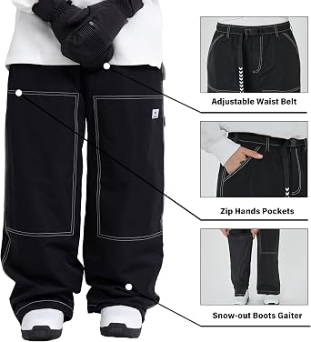 SNOWVERB Baggy Snowboard Pants, Waterproof Insulated Ski Pants with Streetwear Jean Style, Loose Fit Snow Pants for Men Women