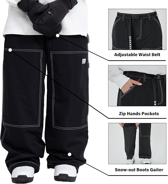 SNOWVERB Baggy Snowboard Pants, Waterproof Insulated Ski Pants with Streetwear Jean Style, Loose Fit Snow Pants for Men Women