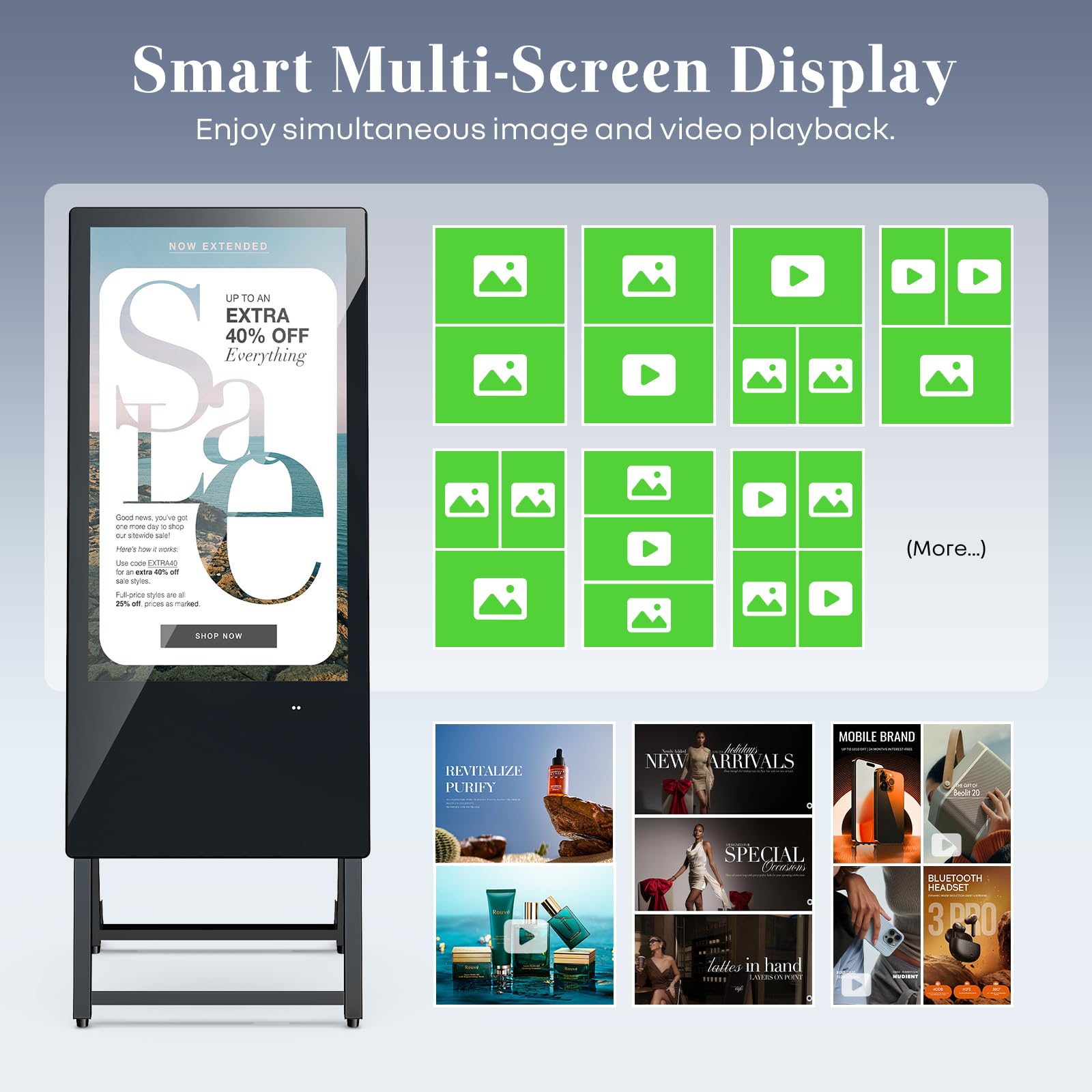 Display Pubblicitario Digitale 32 Pollici, Totem con Android OS, Digital Signage FHD IPS, Cavalletto LCD con WiFi/USB/HDMI, Pieghevole con Ruote, Nero