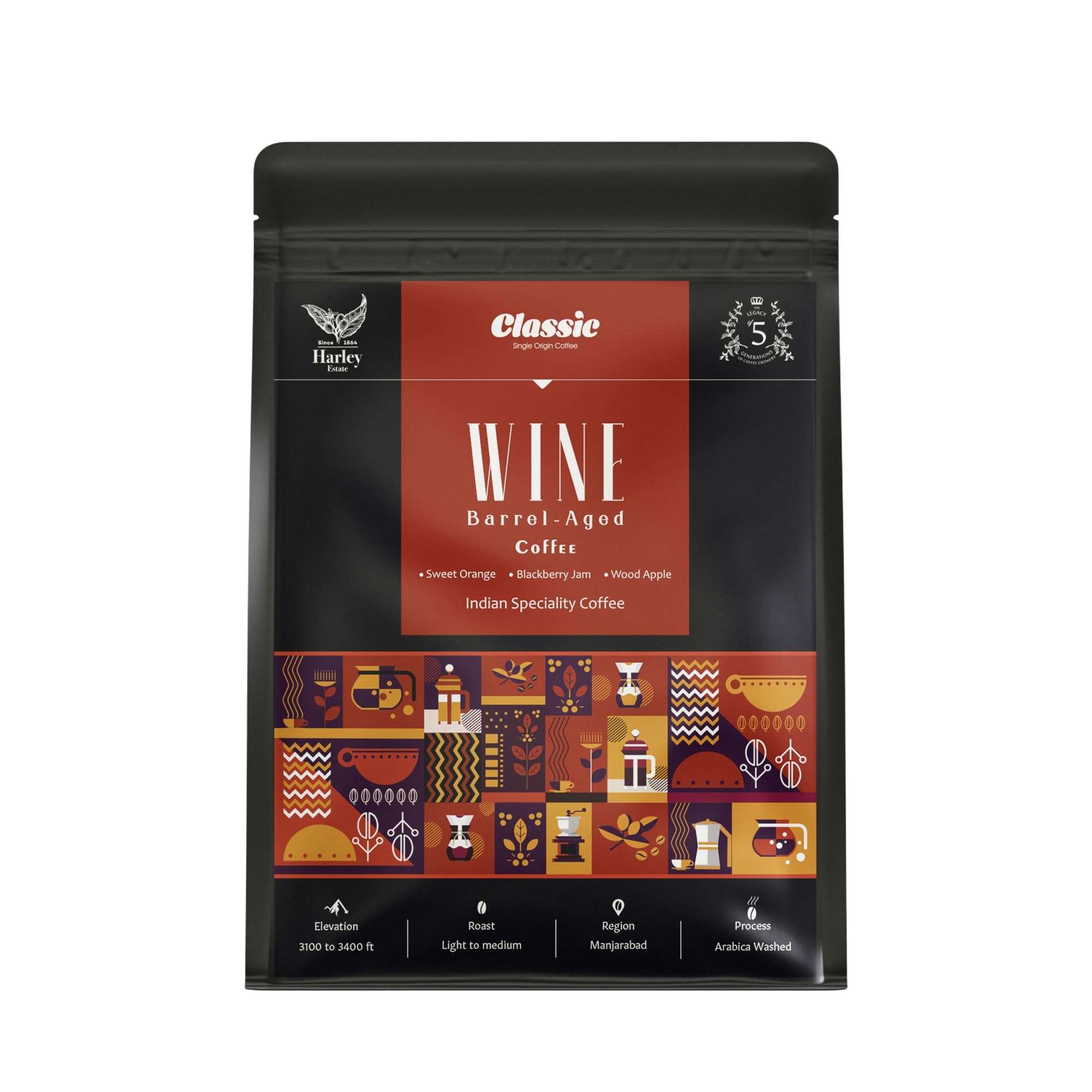 Classic Coffee Wine Barrel-Aged Arabica Ground Coffee | 100% Arabica Beans | Strong Intense Bold Flavor | Light to Medium Roast Custom Grinds | Best for Black Coffee (100g, Cold Brew)