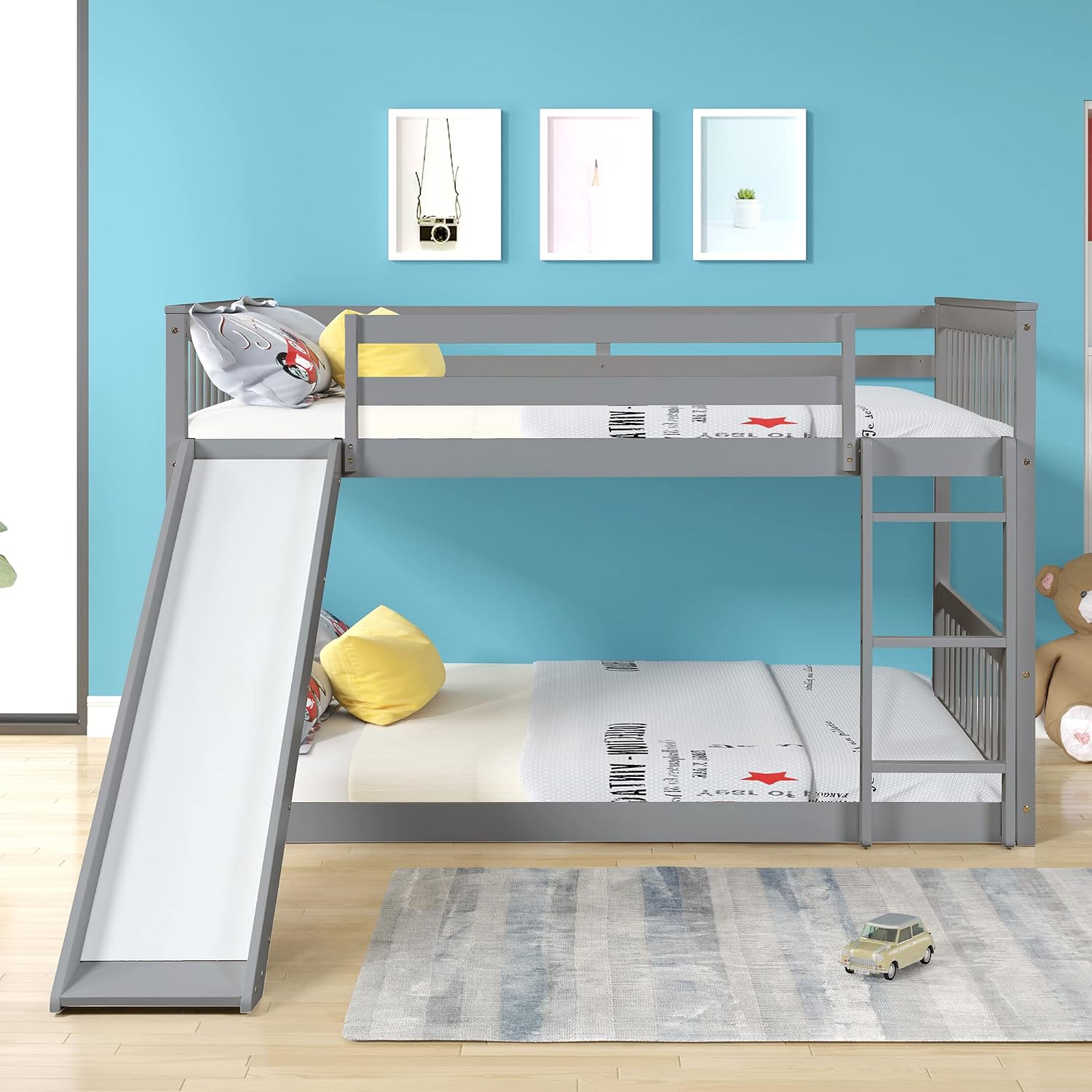 Harper & Bright Designs Low Full Over Full Bunk Beds for Wooden Floor Bunk Beds with Slide and Ladder, Full Bunk Beds for Teens,Grey