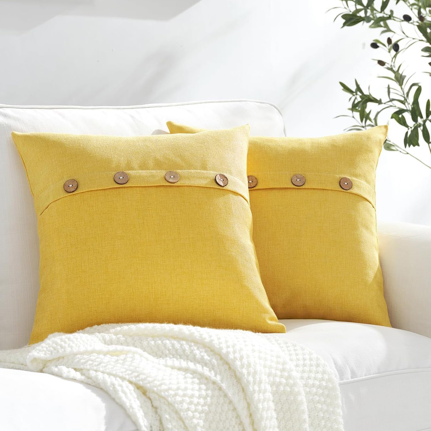 Meekio Set of 2 Lemon Yellow Pillow Covers 20 x 20 Linen Pillow Covers with Coconut Buttons Farmhouse Décor Housewarming Gifts