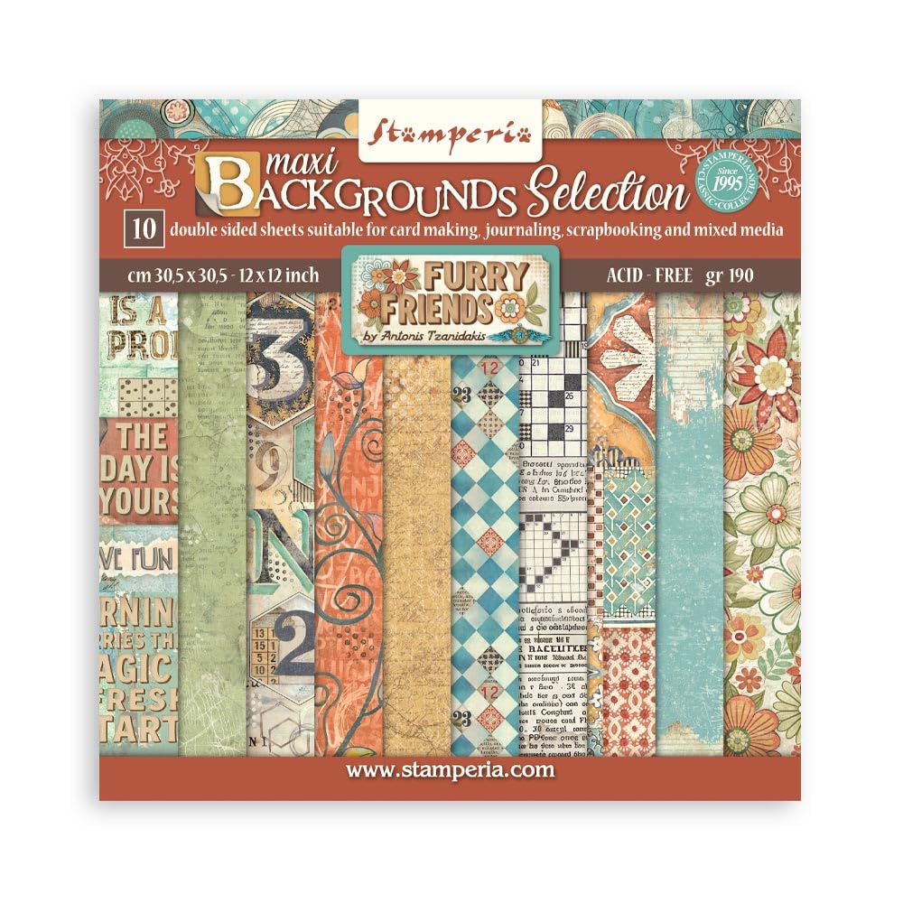 Stamperia - Scrapbook Paper Pad for Scrapbooking, Albums, Cards, Bullet Journals, and More, Acid Free, Double-Sided, Perfect for Crafts and Gifting (Furry Friends Background Selection) (30.5 x 30.5 cm