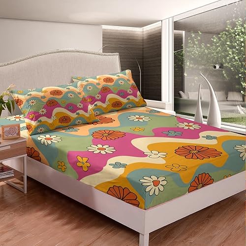 Miniatura 3 de Juego de sábanas de flores de primavera, tamaño matrimonial, para niñas, mujeres, niños, coloridas ondas geométricas, juego de ropa de cama botánica