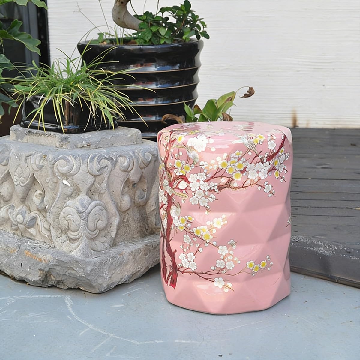 Handbemalter Keramik Gartenhocker mit Magpie- und Pflaumenblüten-Muster, Chinesischer Trommelhocker Innen/Außen, Dekorativer Keramik Hocker für Wohnzimmer & Terrasse(Gold)