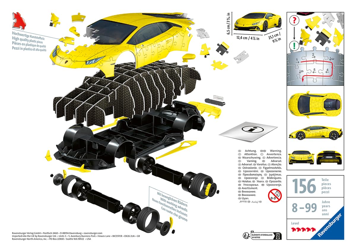 Ravensburger - Puzzle 3d Lamborghini Giallo | Puzzle 3d Per Adulti E Bambini A Partire Dagli 8 Anni | Modellismo Da Costruire Adulti Di 156 Pezzi | Regalo Bambino 8 Anni Maschio E Più