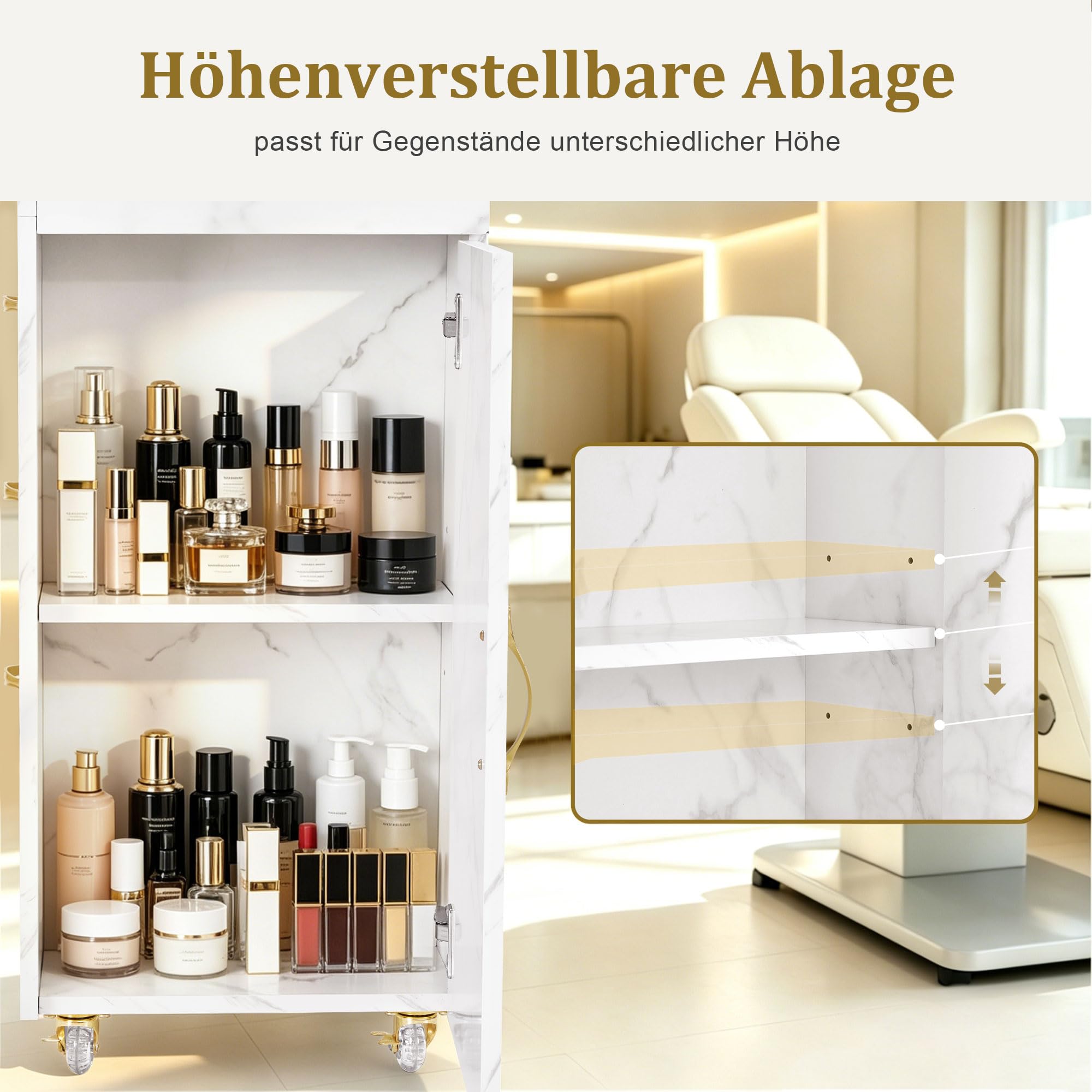 BarberPub Friseurwagen mit 3 Schubladen & 2 Schränken, Beauty Salon Trolley mit 3 Föhnhaltern, 39x58x90cm, Weiß-Gold