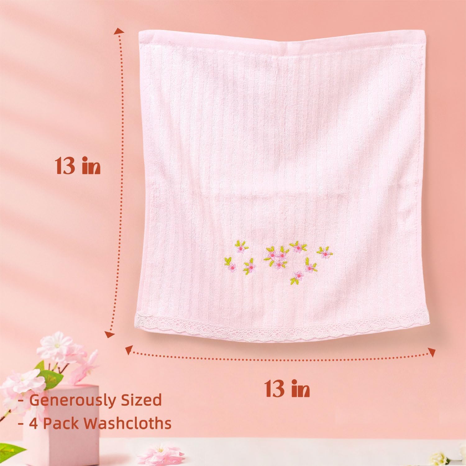 Jacquotha Pink Washcloths 12 Pack (Floral Embroidered), Soft Wash Cloths for Face, Body, Showering, Spa & Bathroom Decor Gifts, 13” x 13"