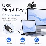 1080P Webcam with Microphone, USB Camera for PC and Laptop, Privacy Cover | For meetings, remote work, classes, streaming, and video calls; includes 105° wide view, privacy cover, and mini tripod