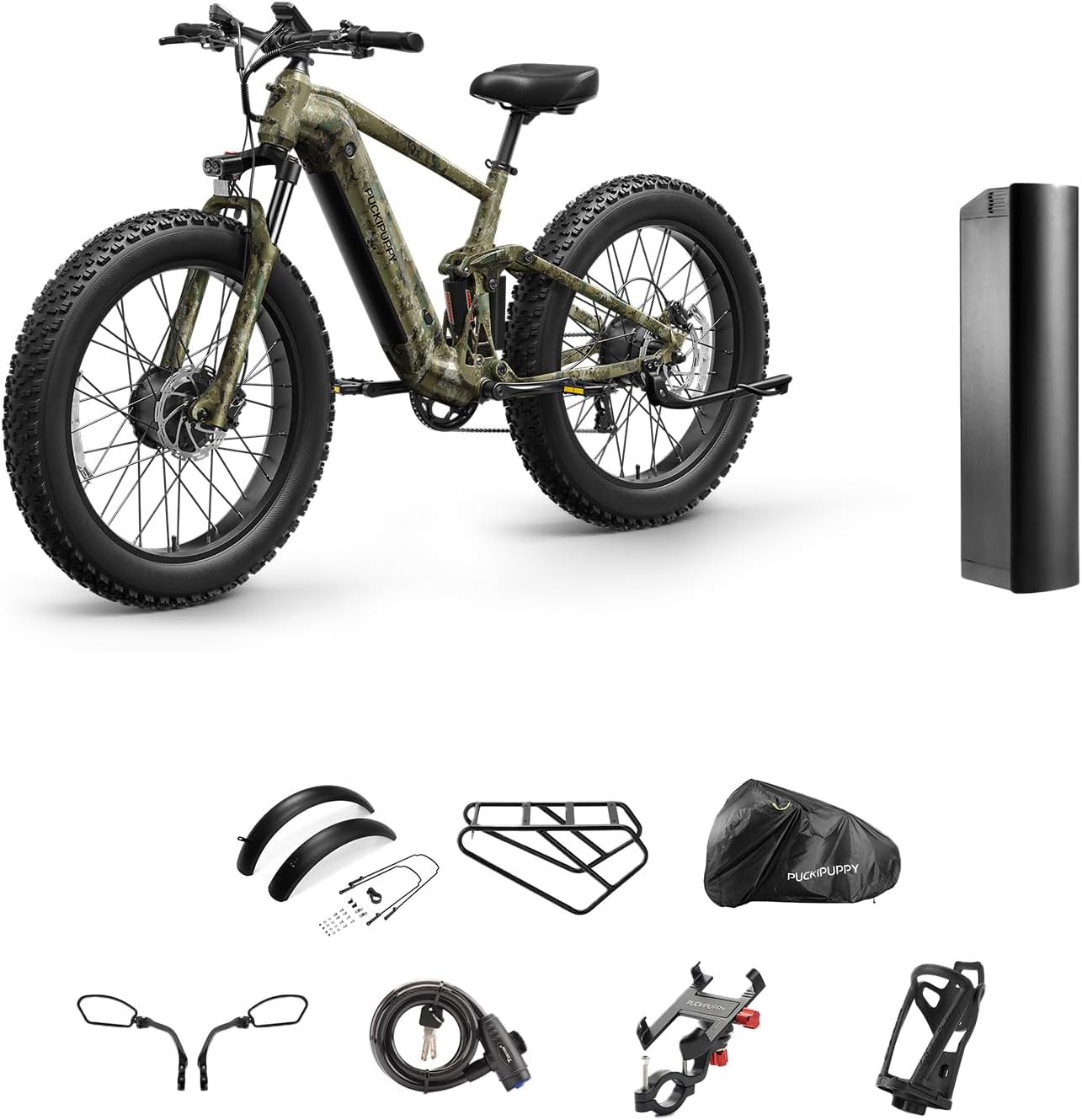 PUCKIPUPPY Dual Motor Electric Bike for Adults 1600W, 48V 20AH Battery with Torque Sensor, Full Suspension, 26" Fat Tire, 28MPH, 80 Mile Range, 8 Speed Mountain Electric Bicycle Golden Retriever Pro