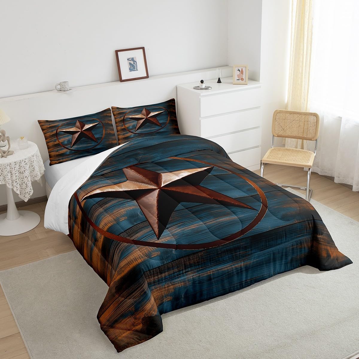 Feelyou Rustic Texas Star Comforter Western Texas Comforter Set for Boys Girls Navy Blue Wood Boards Bedding Set Country Farmhouse Duvet Set Room Decor Quilt Queen Size Boys