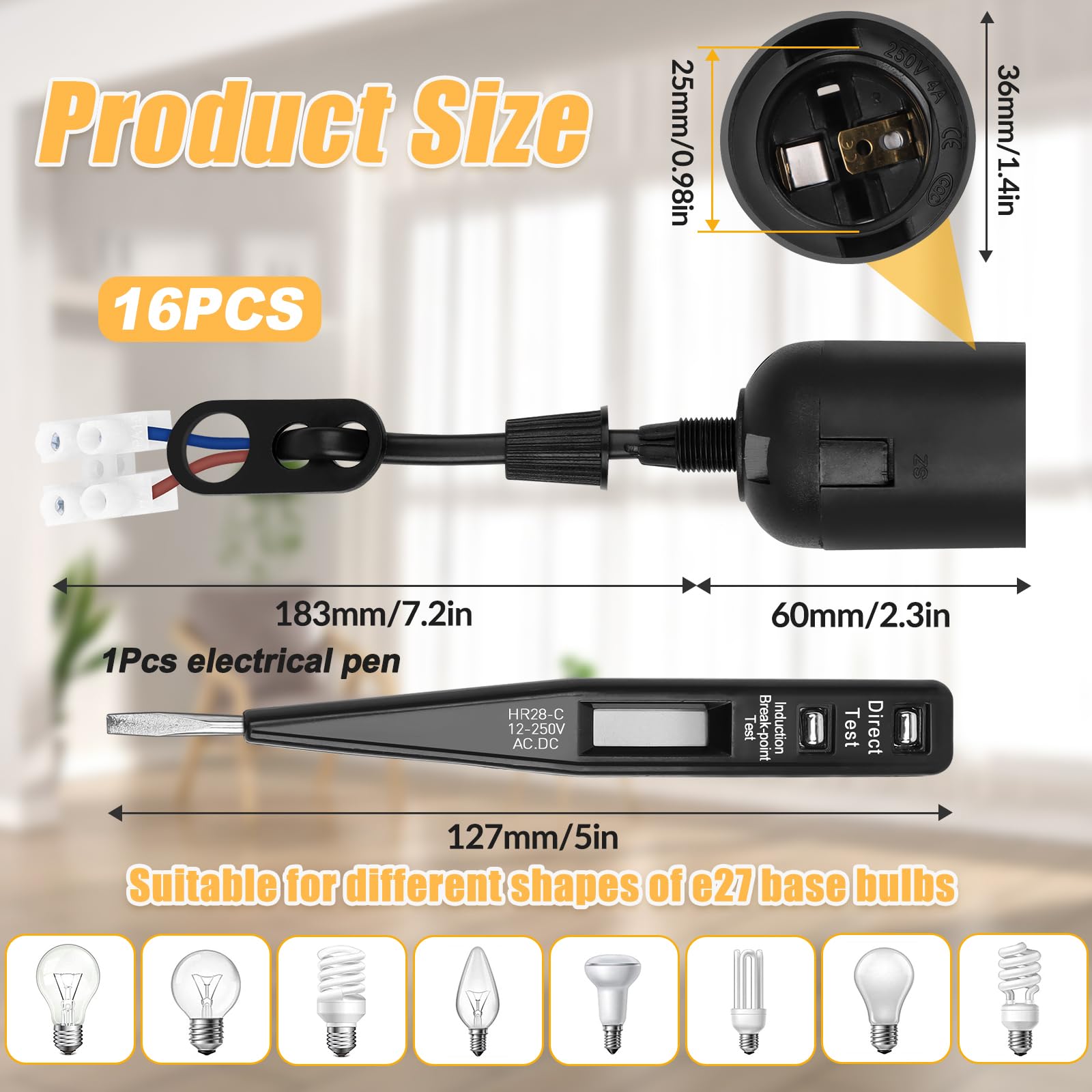 16 Pezzi Portalampada E27 con Cavo + 6 Lampadina LED E27 + 1 Pezzo Tester di Tensione VDE,Lampade Basi con Filo e Terminale,Lampadine LED Luce Calda per Cantiere,Soggiorno,Lavori