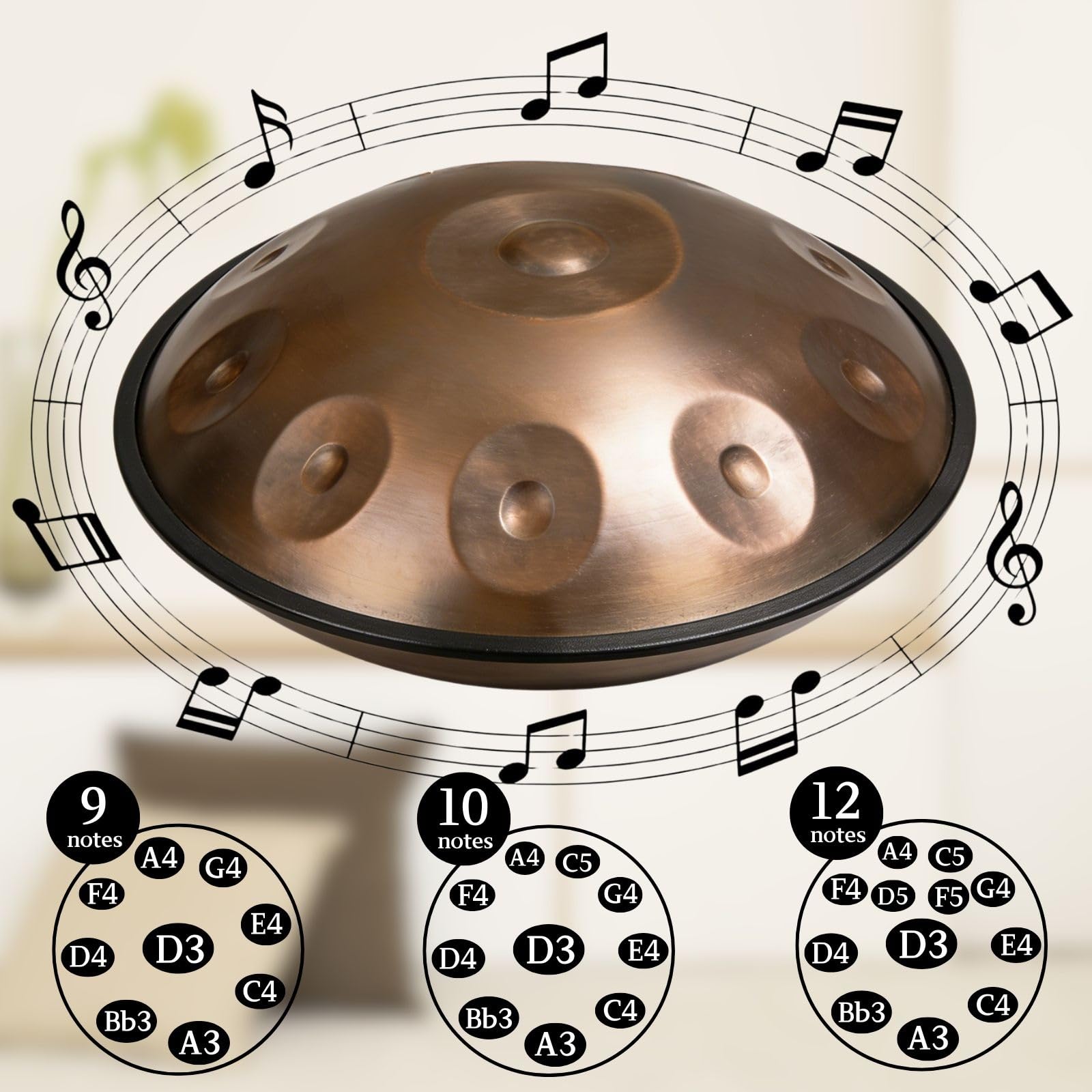 Handpan 9/10/12 Note Re Minore Tamburo in Acciaio per Adulti Handpan 440Hz/440Hz 22 Pollici Tongue Drum per Meditazione Principianti con Borse Bacchette Tripode(Silver2,440HZ/10 Note)