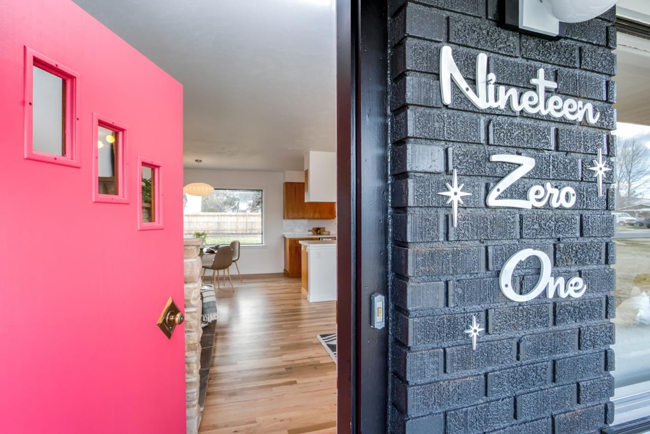 Mid Century Modern Cursive House Numbers, 5 inch black plastic MCM script address words with stainless steel screws included (Fourteen)