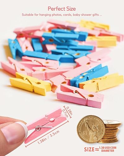 Miniatura 6 de Pinzas para la ropa, color rosa, 100 pinzas pequeñas de madera para fotos con cordel de yute, pequeño clip para papel fotográfico, ideal para baby