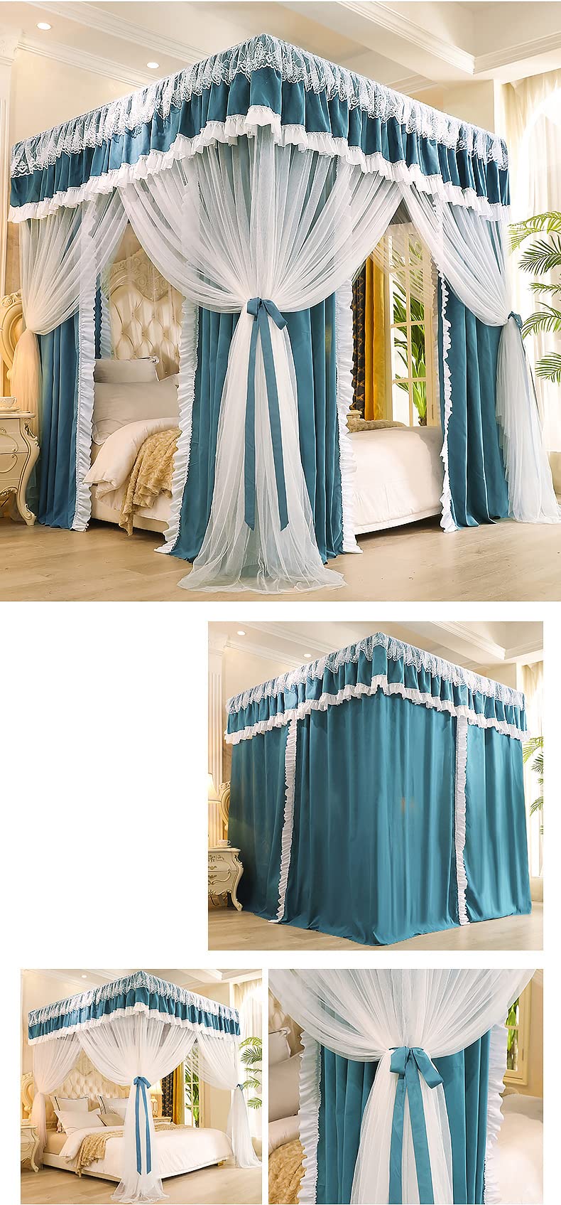 Zasłona na łóżko Cztery narożne słupki z prętami baldachim zasłona na łóżko pojedyncze do łóżek King Size (rozmiar: 200 x 150 x 210 cm, kolor: zielony)
