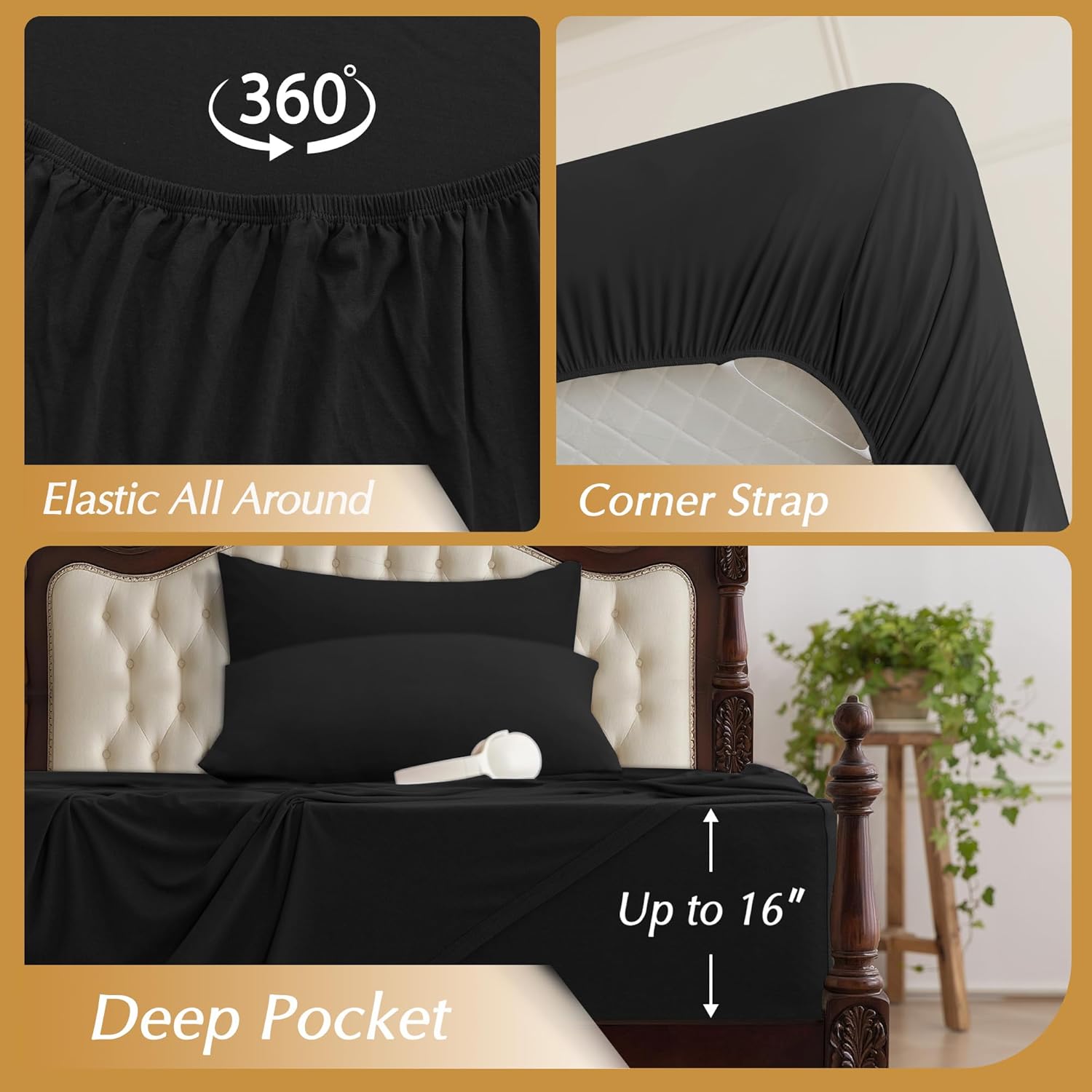 N&Y HOME StretchSnug Queen Sheets Set with Corner Straps - Blend of Rayon Derived from Bamboo, Stretchy Sheets Deep Pocket No Slip Stay on Bed, Firm & Tight, 4 Piece Sets, Charcoal, Queen