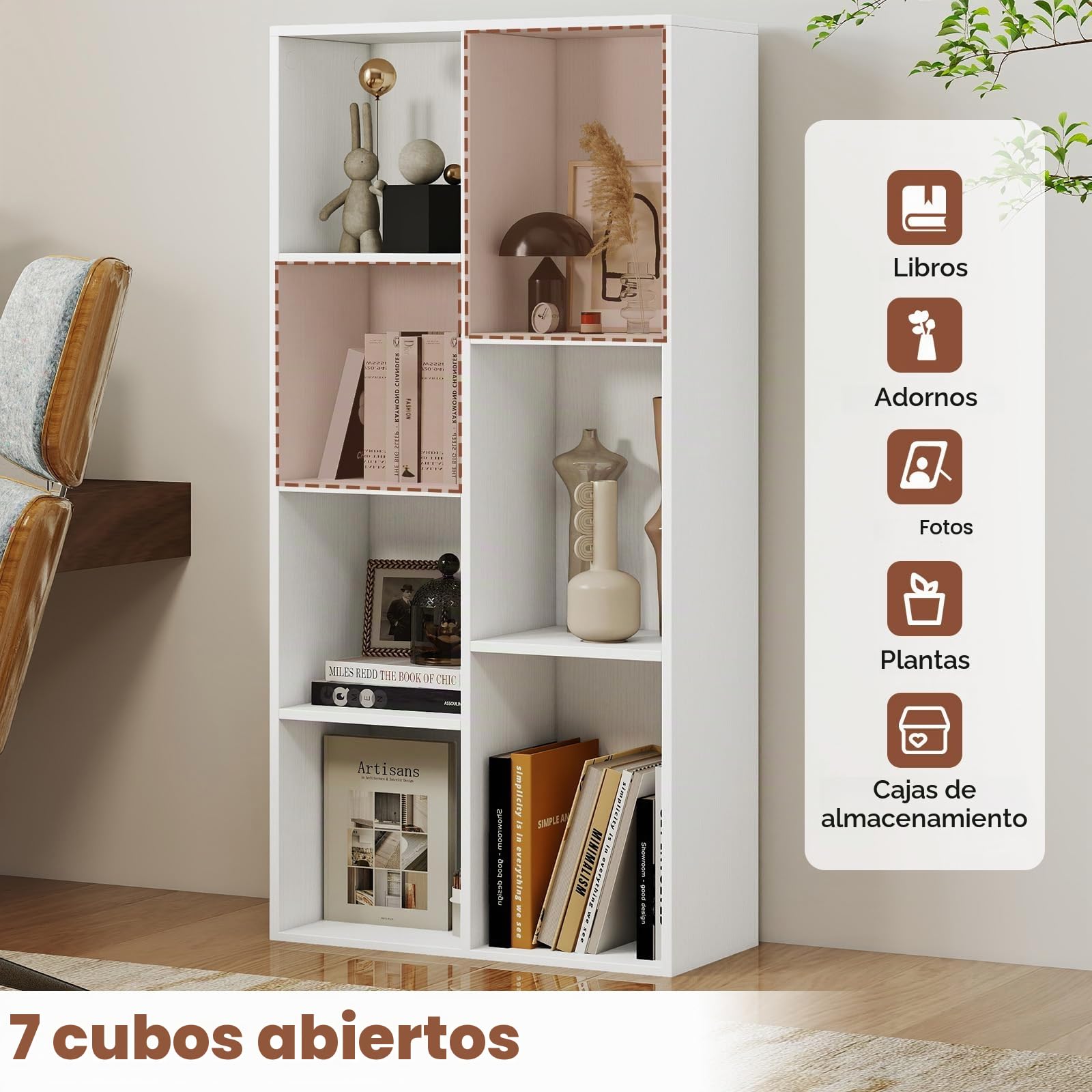 KOMFOTTEU Librería Abierta con 7 Cubos, Estantería para Libros Vertical y Horizontal, Mueble de Almacenamiento de Madera con 2 Kits Antideslizantes, para Salón Oficina, 49,5 x 23 x 106 cm (Blanco)