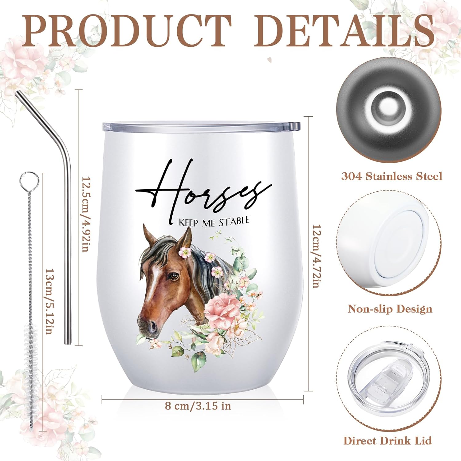 Sieral 3 Pcs Valentines Horse Gifts for Women Girls Horse Wine Tumbler Gift Set 12 oz Stainless Steel Tumbler Cup with Lid Cosmetic Bag Keychain for Birthday Themed Animal Lovers Trainer - Image 2