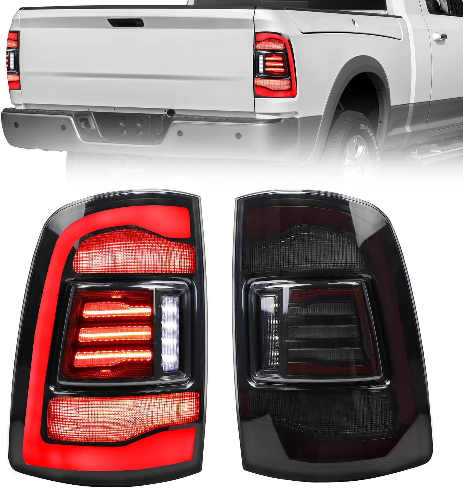 Tail light Assembly for 2009-2018 Dodge RAM 1500/2010-2018 Dodge RAM 2500 3500, Full LED Rear Lamp with Sequential Turn Signal/Start Up Animation Rear Light Replacement (1 Pair, Smoked)