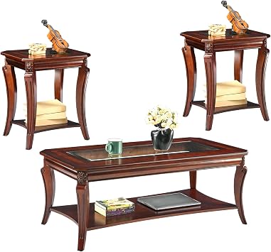 LEEMTORIG Coffee Table Set of 3 for Living Room, 3 Piece Glass Top Coffee Table and End Tables Set, Solid Wood Queen Anne Style 2-Tier Tables with Storage, Cherry Walnut KFZCJZ-A1168-GT